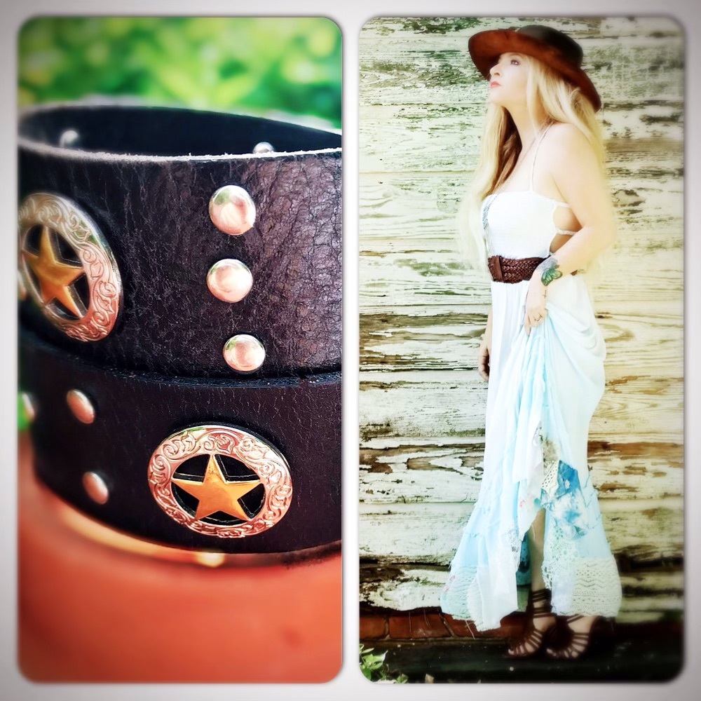 Black leather hand studded belt, Texas star, boho - Picture 1 of 7